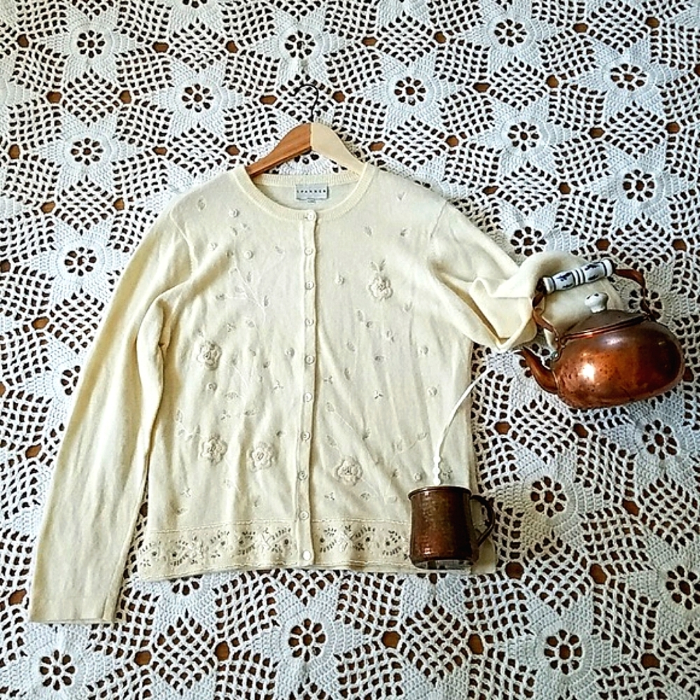 Vintage Lambs Wool Blend Beaded Embroidered Cutest Cardi Ever